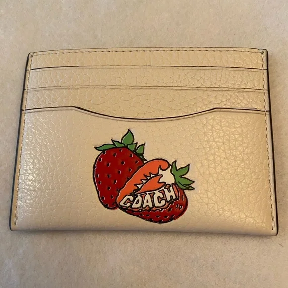 NWT Coach Slim Id Card Case Strawberry Graphic Leather Chalk Multicolor - Picture 2 of 6